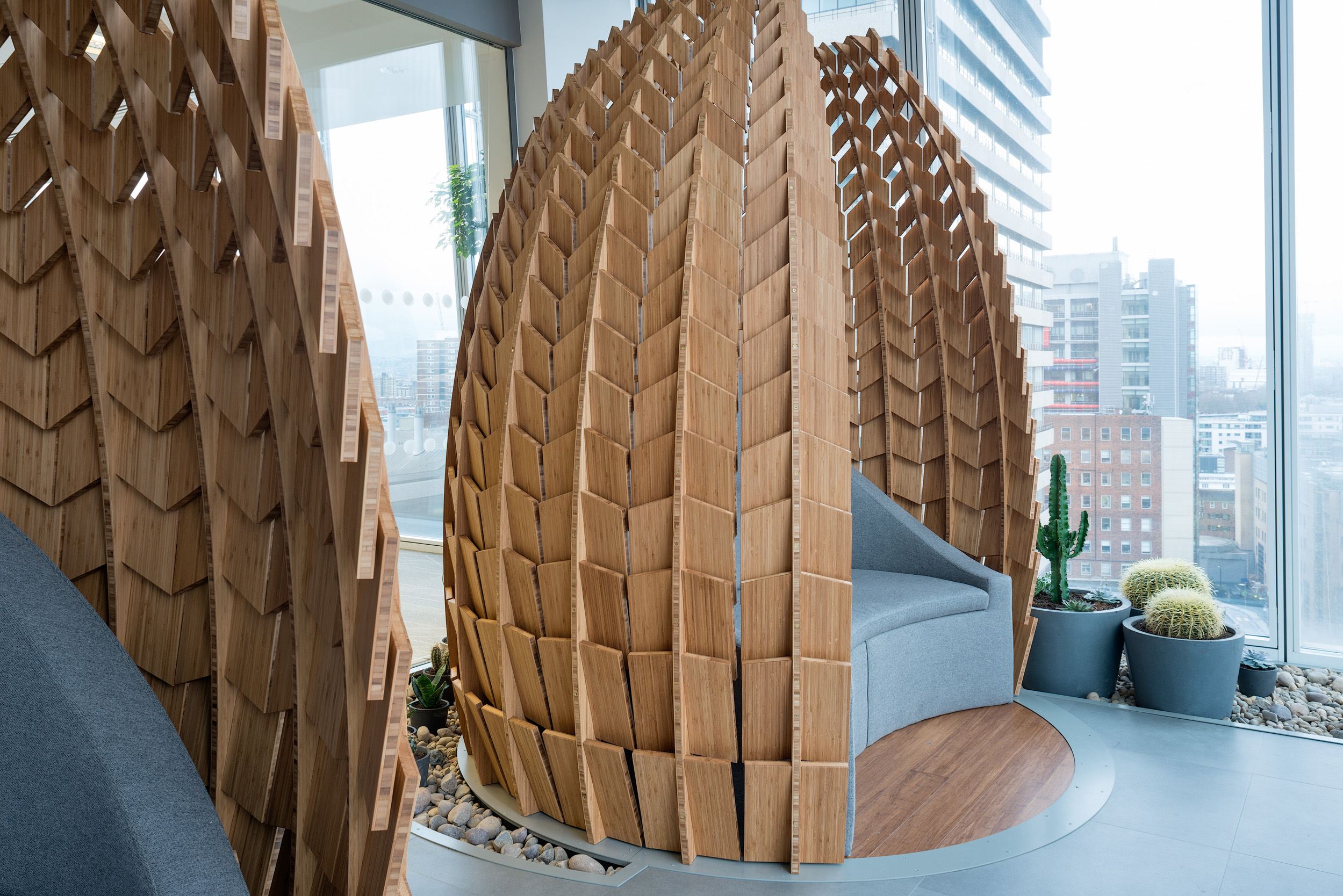 Regeneration Pods at MITIE’s office in The Shard, London, offering employees a tech-free space for relaxation with panoramic city views.