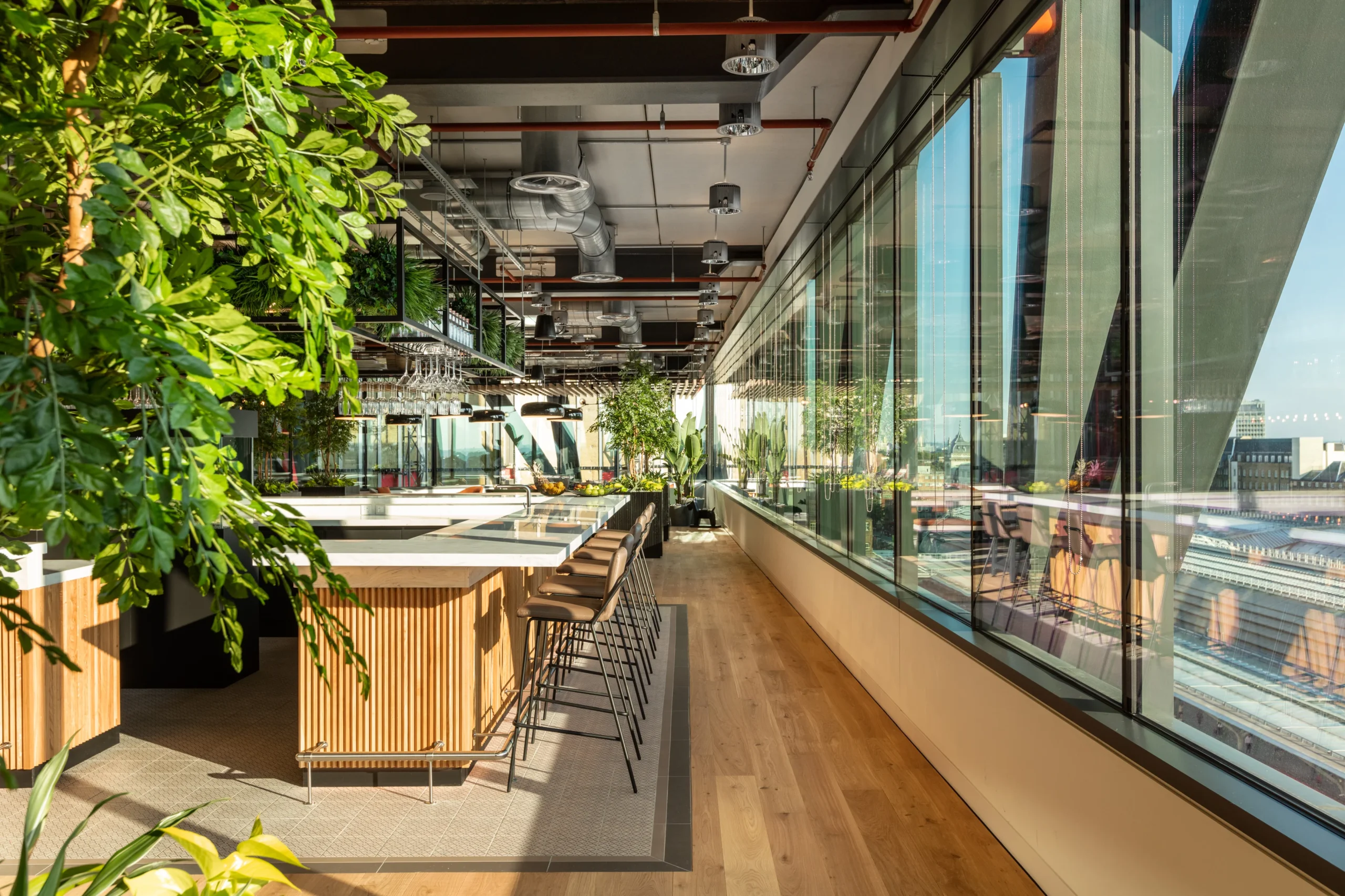 Bar area at Alpha FX, surrounded by large windows and lush greenery, with a long counter, bar stools, and overhead glass racks.