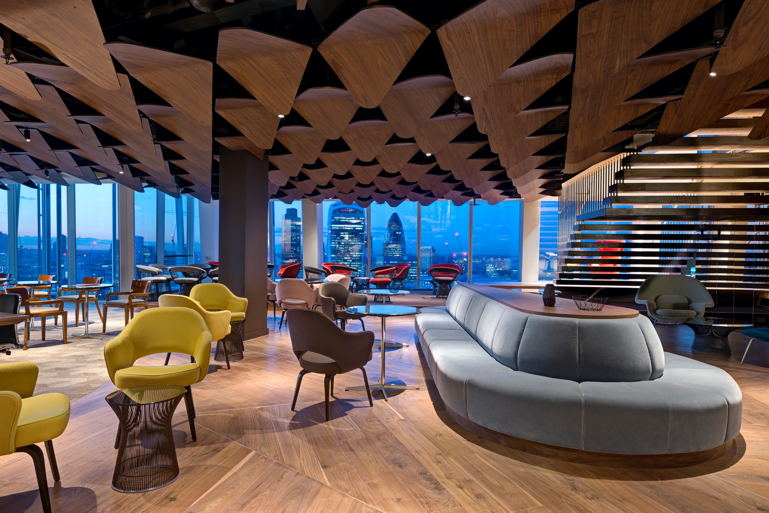 Panoramic coworking lounge in The Shard, part of The Office Group's premium office fit-out.