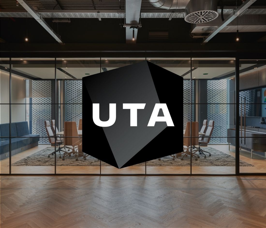 United Talent Agency's logo superimposed on an image of their new London Office Fit Out.