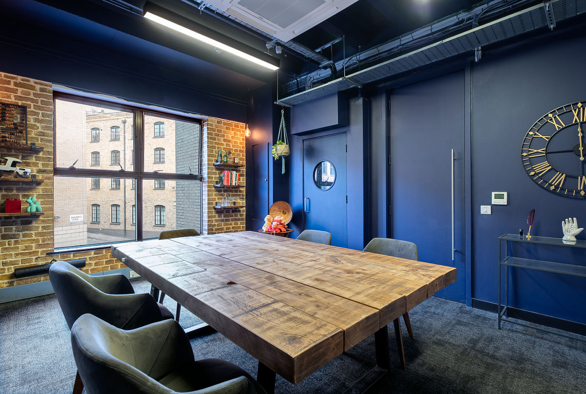 Blue and brick meeting room