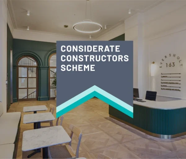 Considerate Construction Scheme banner with 163-203 Eversholt Street Reception featured