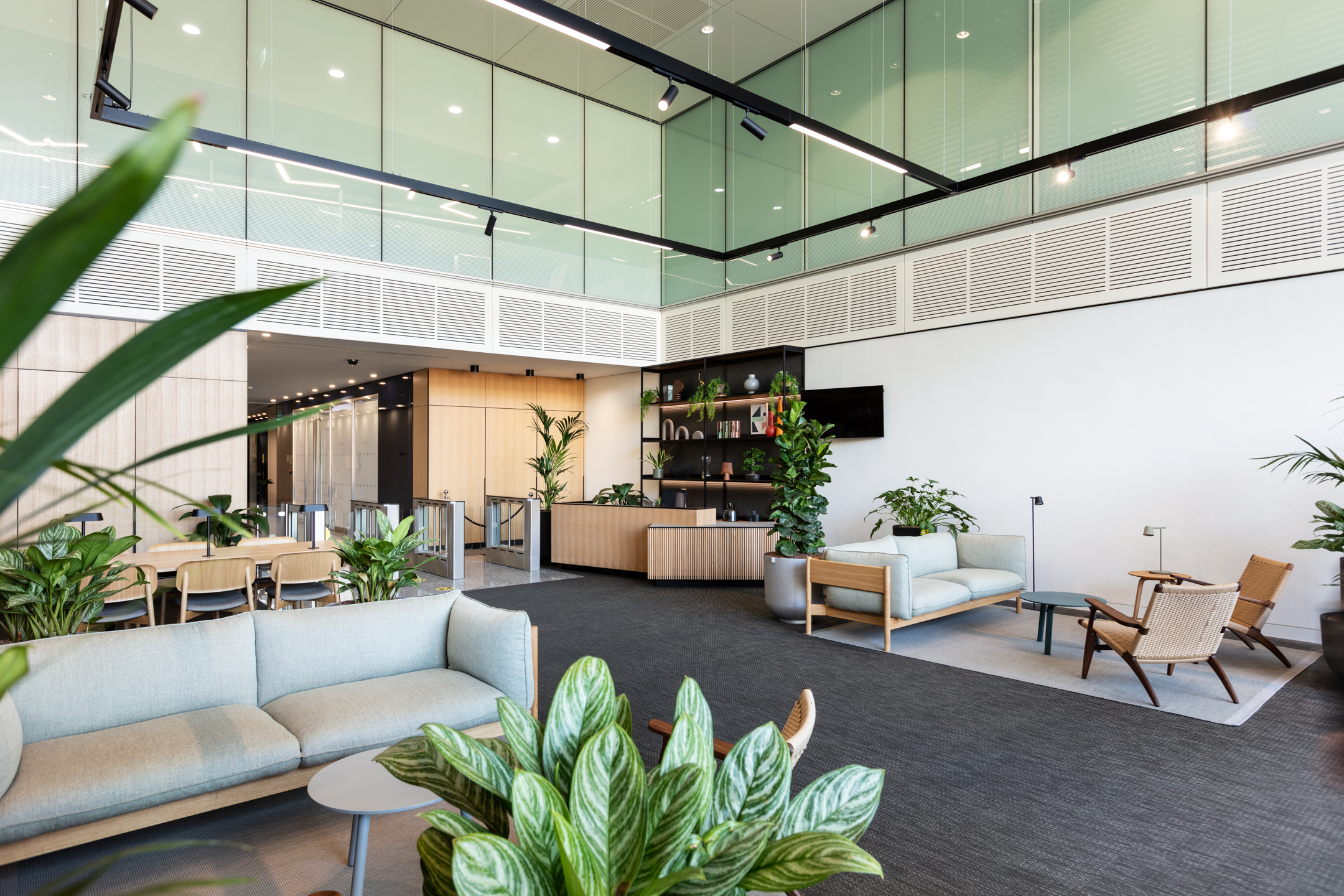 Glass seating area at Chiswick Business Park, Building 9