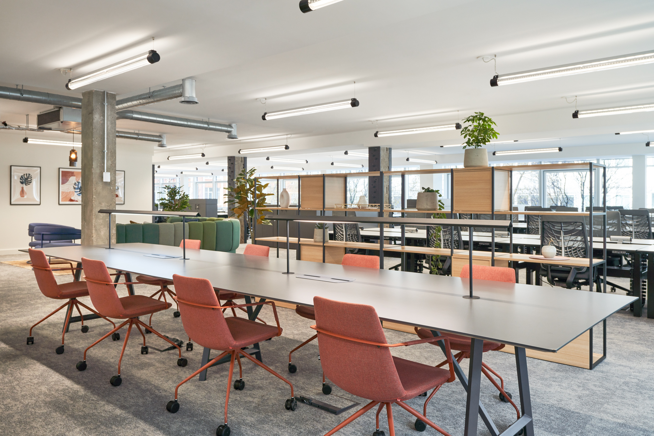 Open Plan Office at 101 NewCavendishSt featuring Orange Chairs, Bespoke Lighting and Carpet