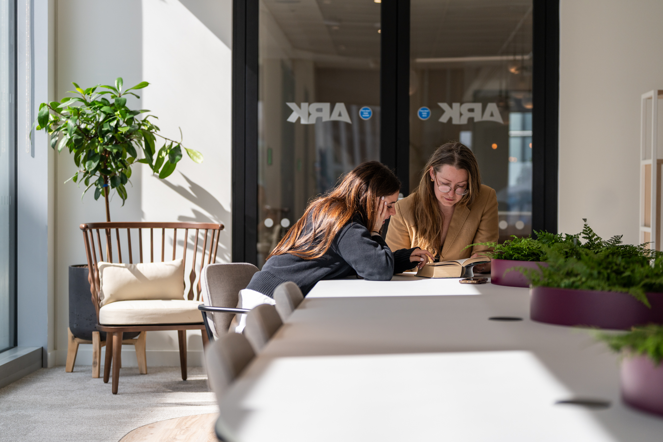 Two women collaborating over a book at a sunlit desk in the Ark Syndicate office, surrounded by indoor planting and contemporary lounge seating.