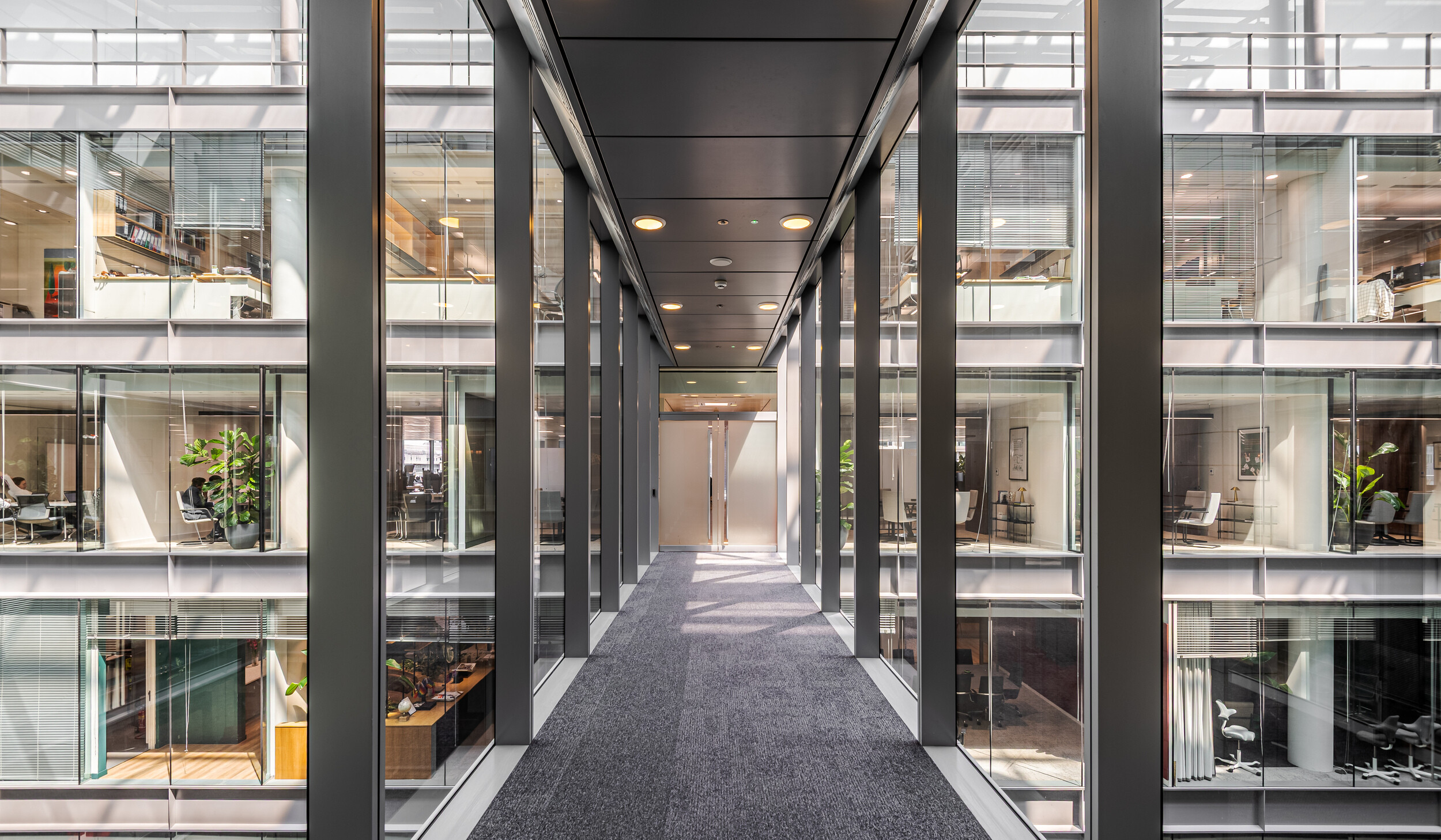 Glass-lined bridge walkway within an Investment Management Firm, connecting multiple floors of open-plan office space. Surrounded by double-height glazing, the view reveals private offices, breakout areas and integrated greenery across the atrium.