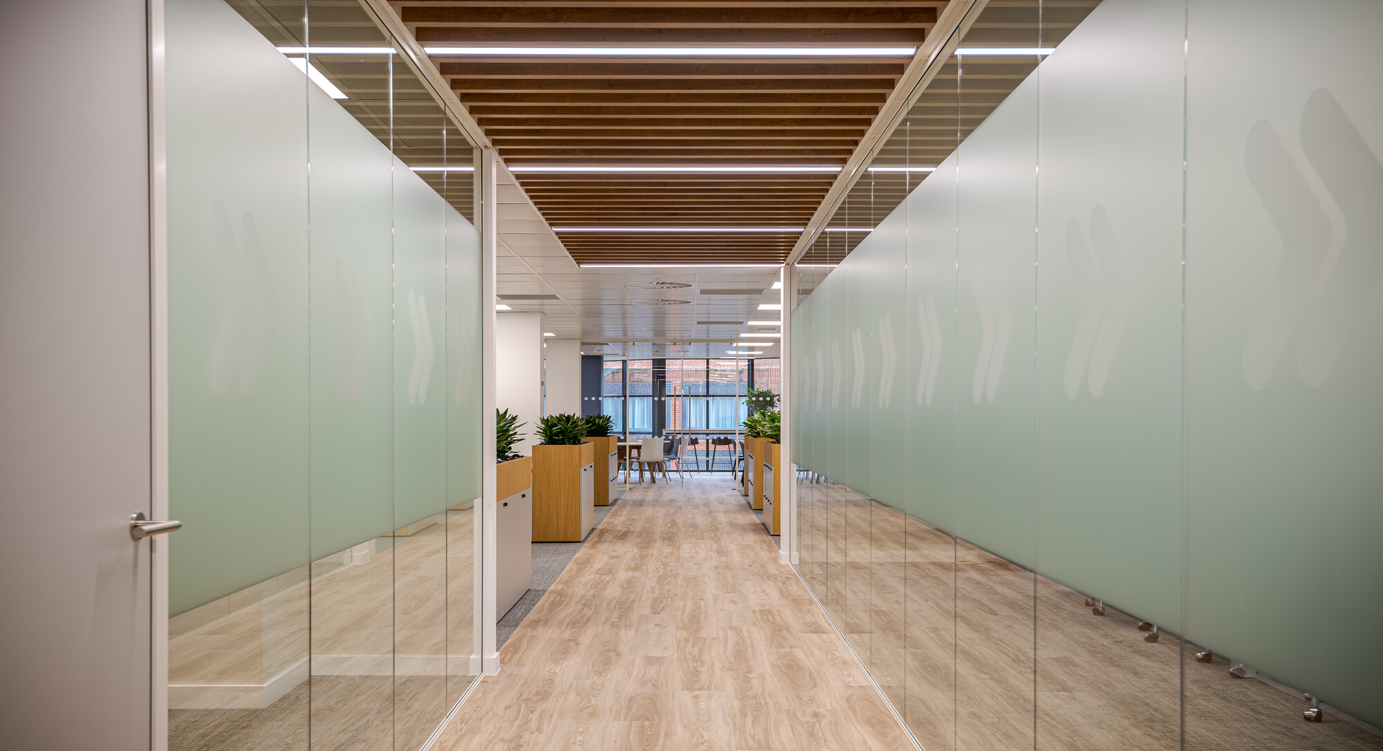 Accelya office designed by Two, showing a hallway with frosted glazing featuring subtle arrow patterns, wooden flooring, and a slatted wooden ceiling mimicking an airport runway.