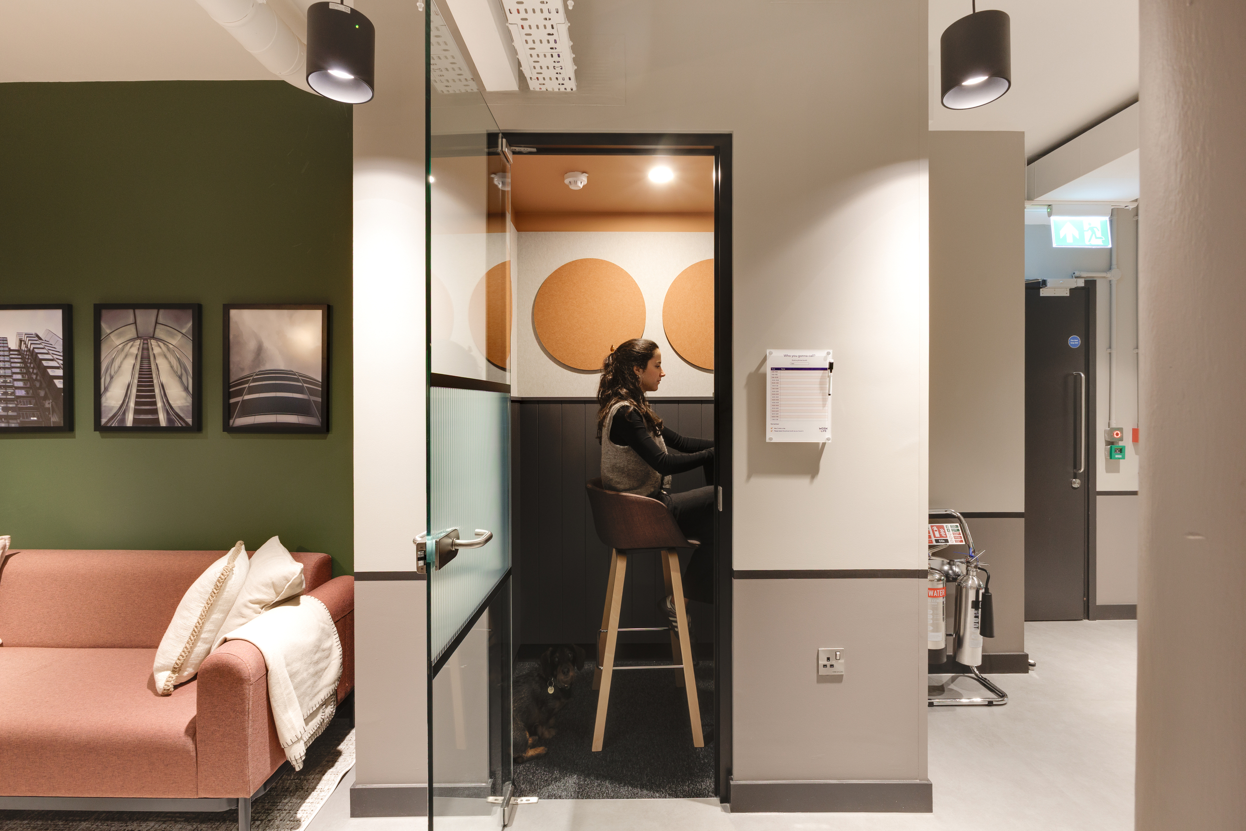 Focus pod at Work.Life Clerkenwell Green with acoustic walls and warm lighting, offering a quiet workspace within the collaborative environment created through Two and Platfform.